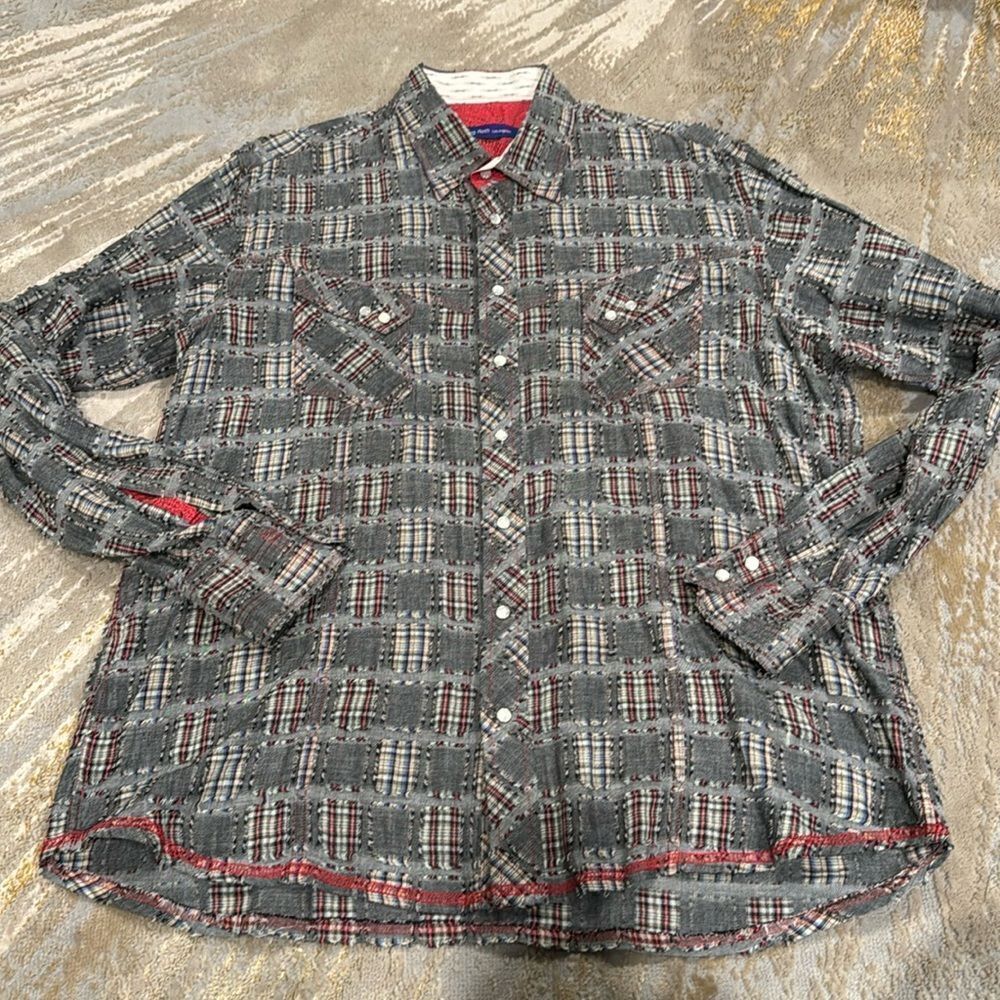 georg roth LA amazing patch work pearl snap button shirt size XXL grey